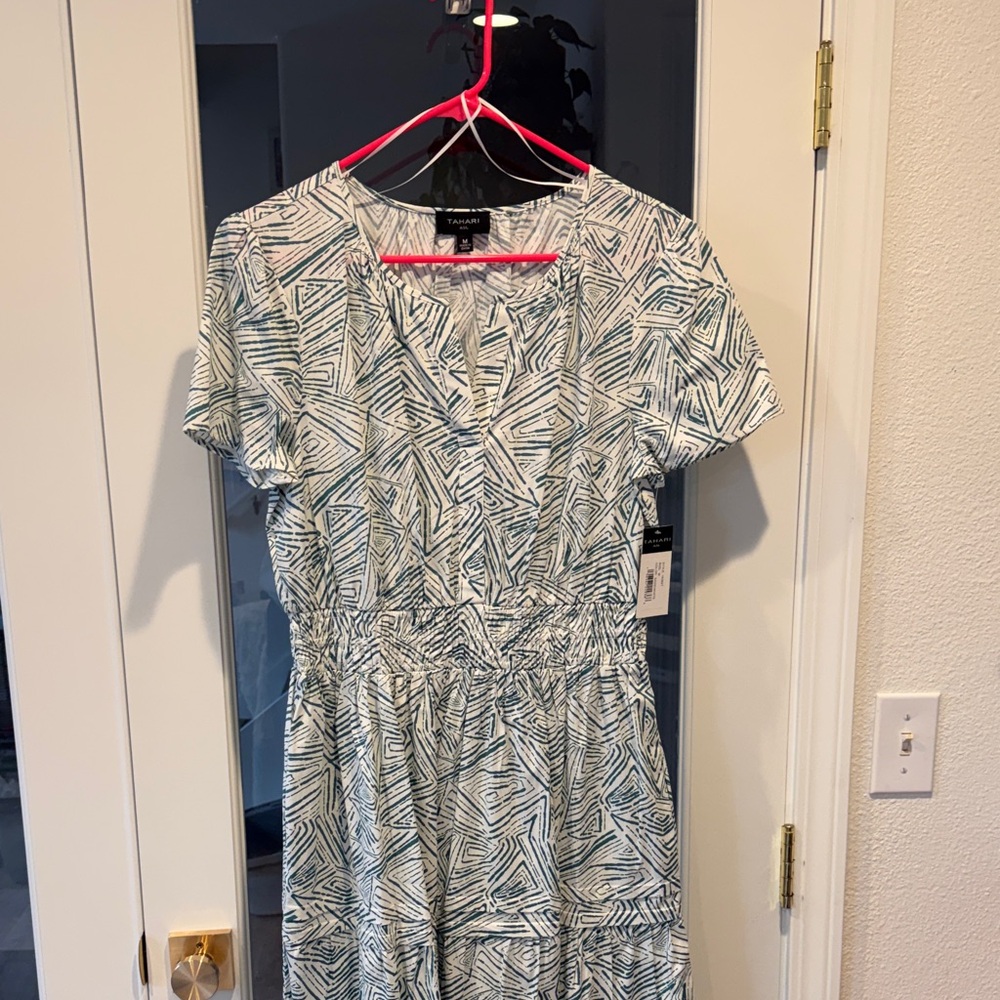 Tahari ASL Sage and White Geometric Midi Dress
